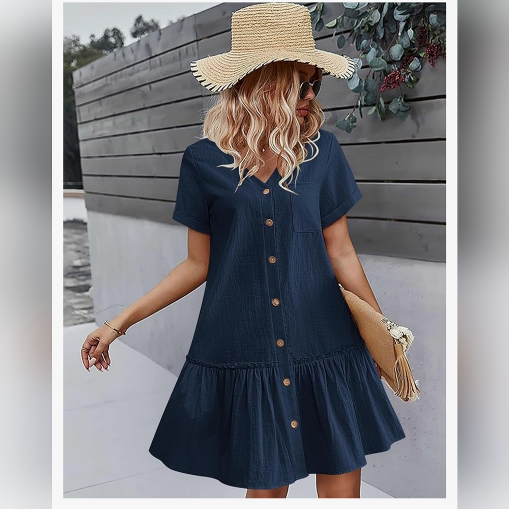 Hotouch NWT  Button Down Dress Loose  Cotton Shirt Dress Ruffle - NAVY XL